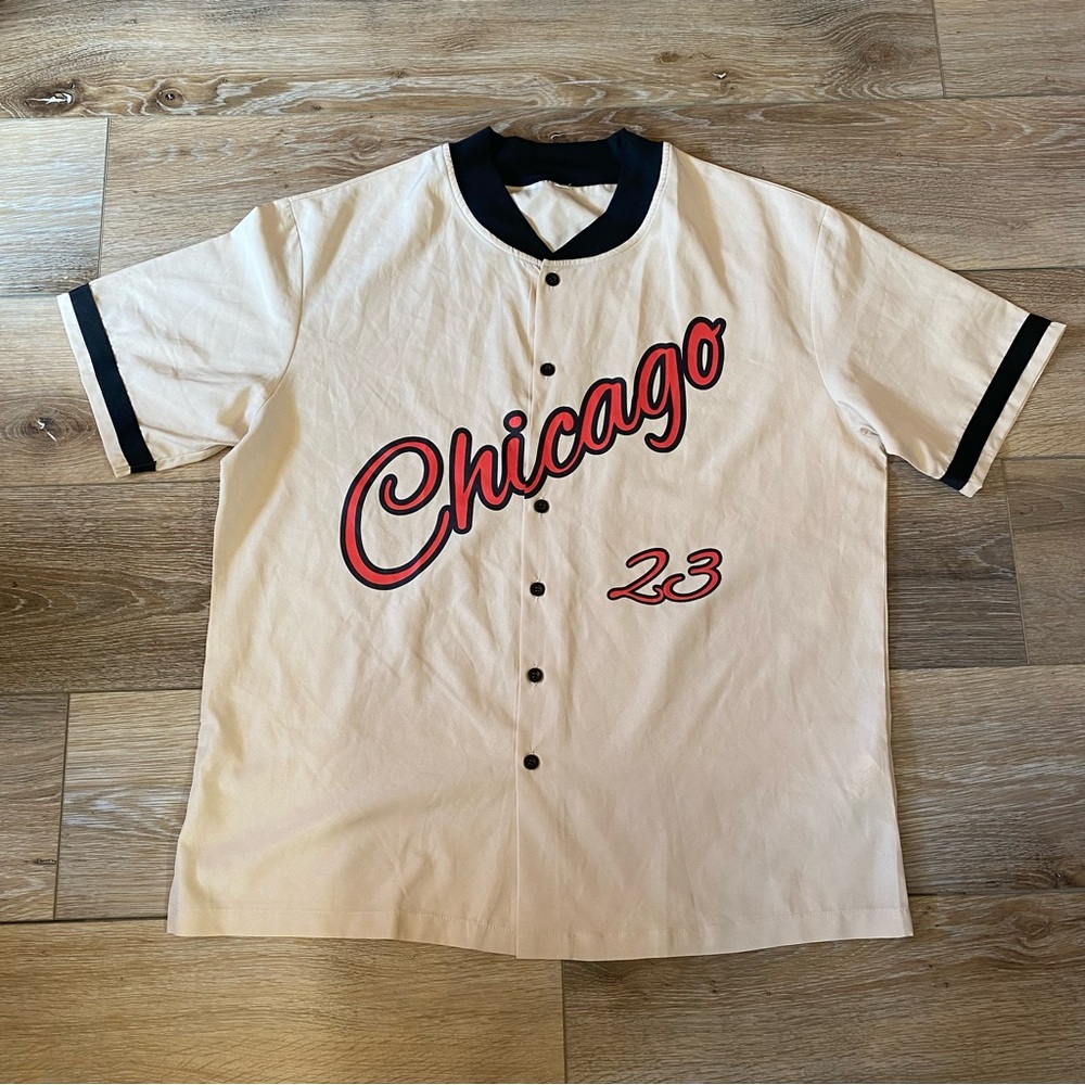 SHEIN Men’s Large Chicago Baseball Jersey Style Tan Navy Script #23 Button-Up
